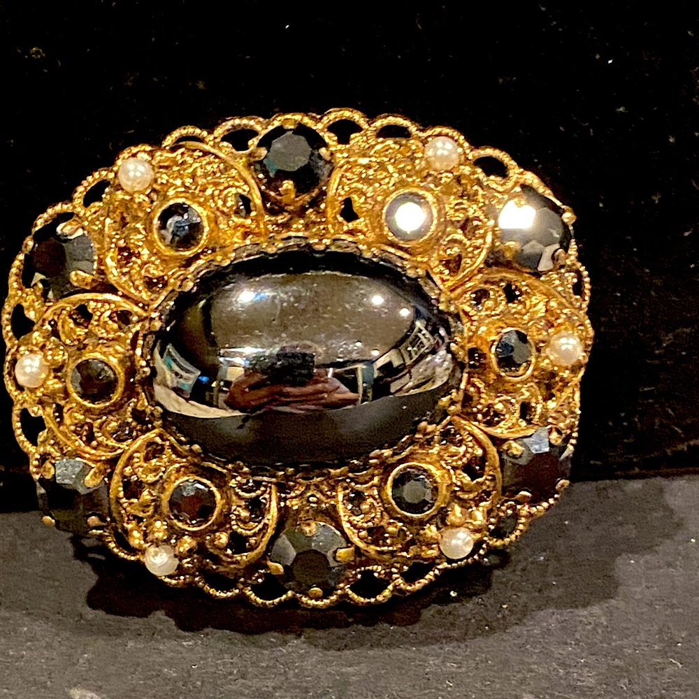Western Germany Signed Filigree Brooch with Glass Crystals &Huge Shiny Center